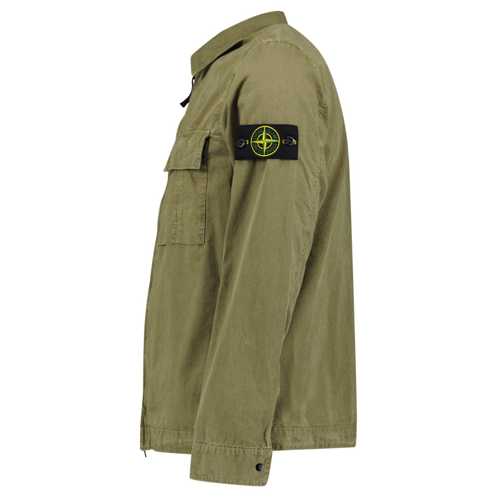 Stone Island Brushed Organic Cotton Canvas 'OLD' Effect Overshirt in Military Green