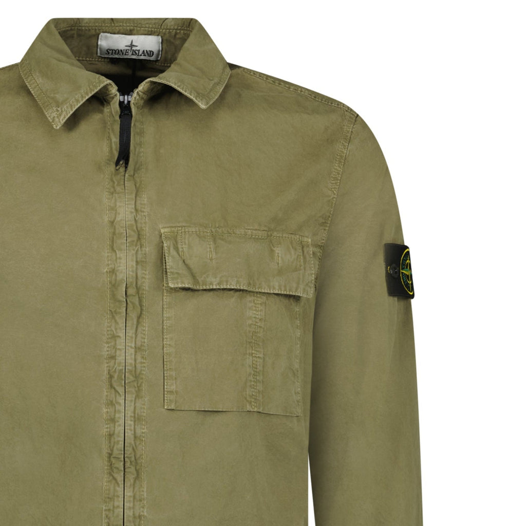 Stone Island Brushed Organic Cotton Canvas 'OLD' Effect Overshirt in Military Green