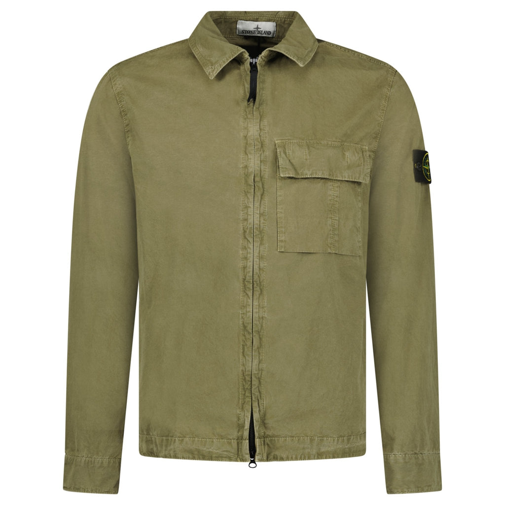 Stone Island Brushed Organic Cotton Canvas 'OLD' Effect Overshirt in Military Green