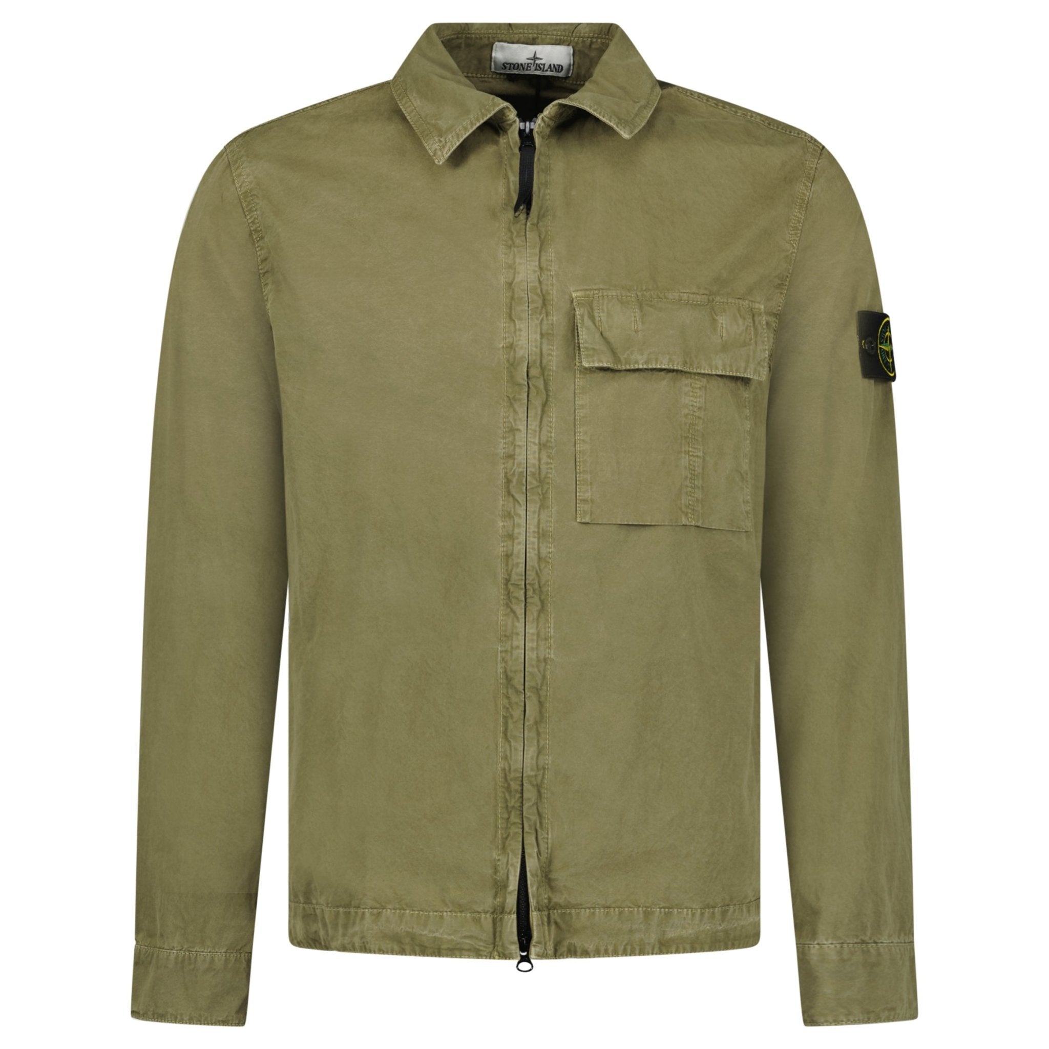 Stone Island Brushed Organic Cotton Canvas 'OLD' Effect Overshirt in Military Green