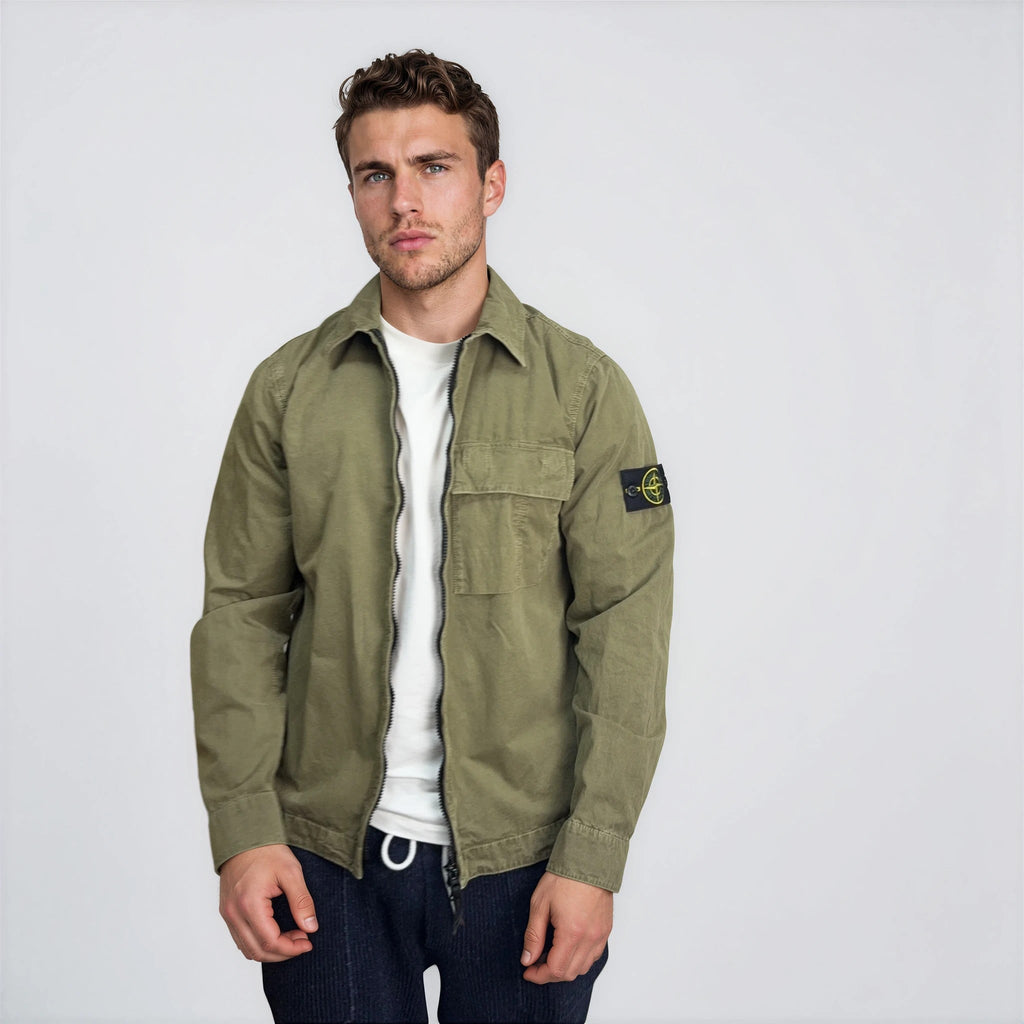 Stone Island Brushed Organic Cotton Canvas 'OLD' Effect Overshirt in Military Green