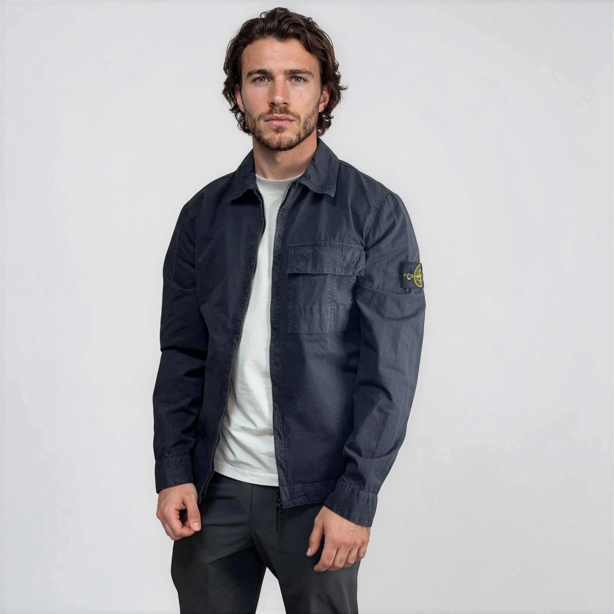 Stone Island Brushed Organic Cotton Canvas 'OLD' Effect Overshirt in Navy