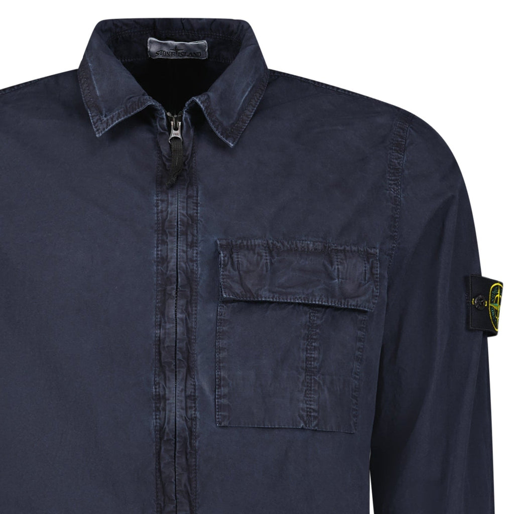 Stone Island Brushed Organic Cotton Canvas 'OLD' Effect Overshirt in Navy