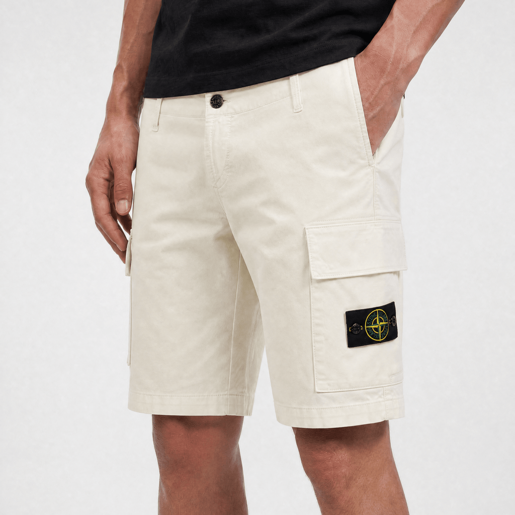Stone Island Organic Cotton Stretch Broken Twill 'Old' Effect Cargo Shorts in Ivory