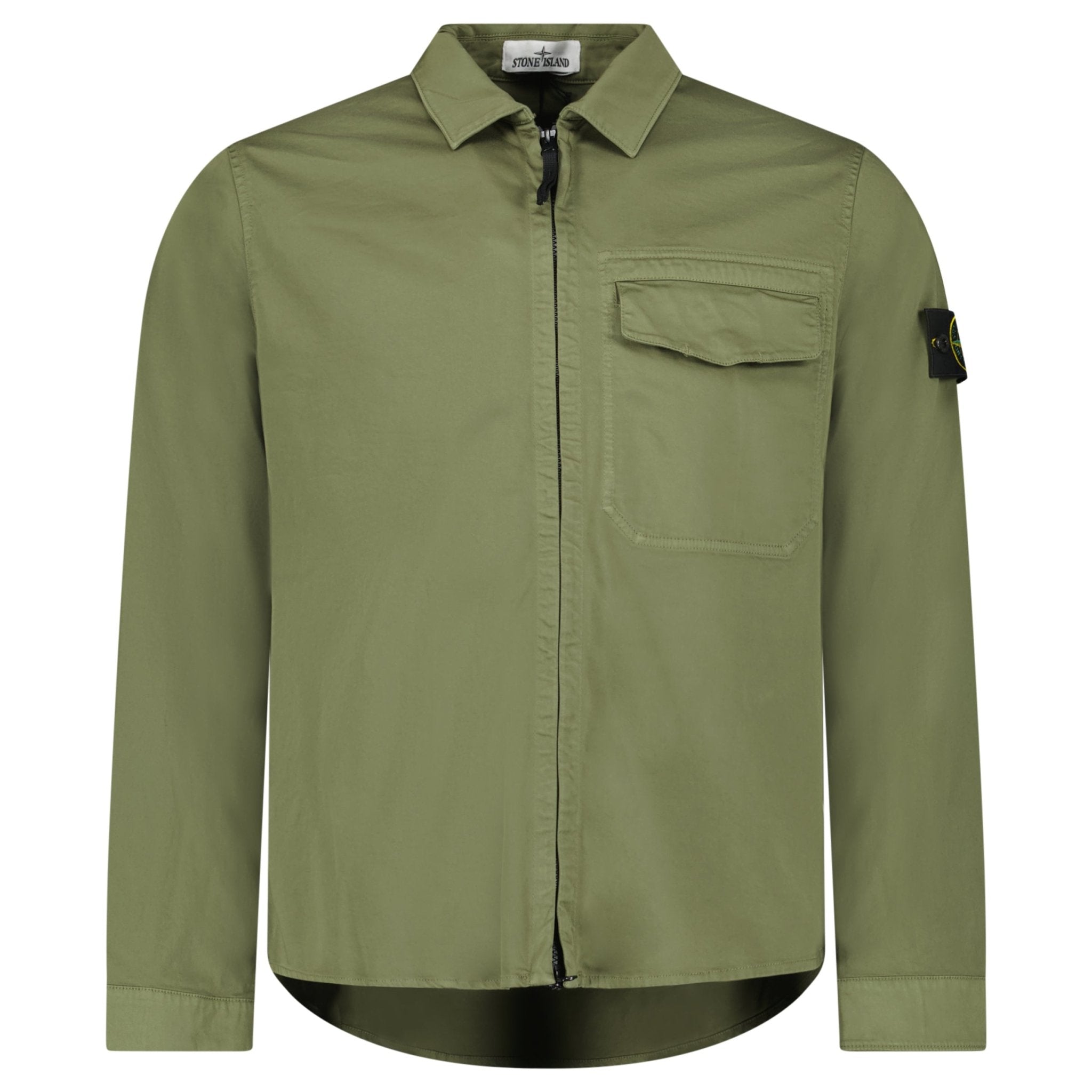 Stone Island Stretch Organic Cotton Satin Overshirt in Military Green