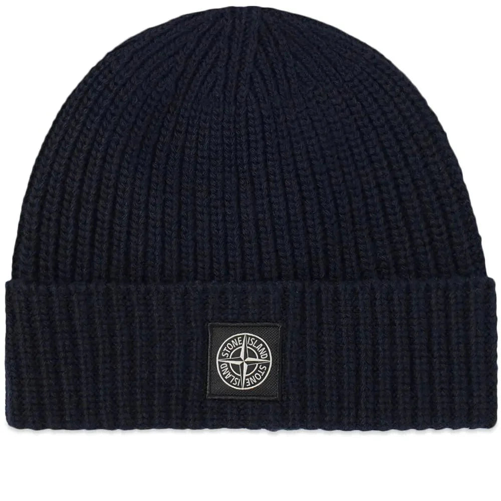 Stone Island Compass Patch Wool Beanie Hat Navy